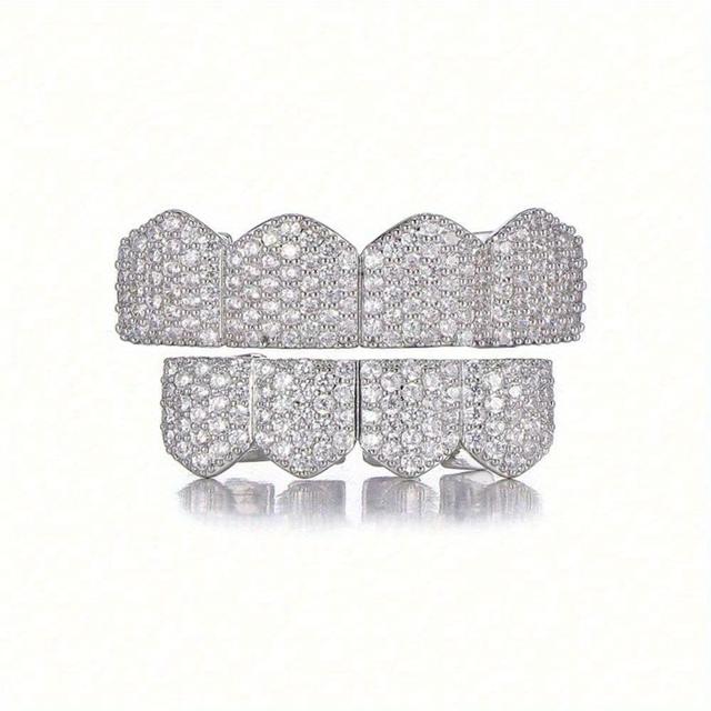 TEMU 2er-Set Grillz mit vier Zähnen, verziert mit synthetischem Zirkon und Kupfer, für Luxus und als einzigartiges Geschenk für Männer und Frauen