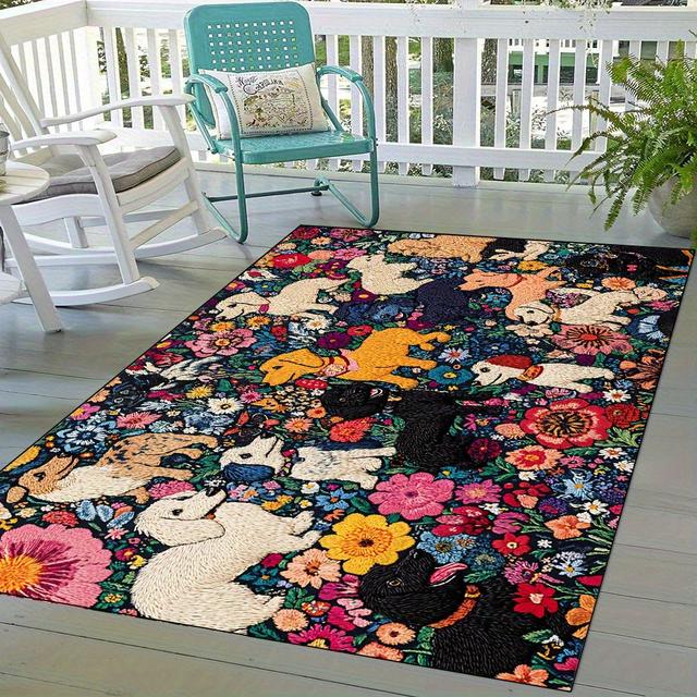 TEMU 1pc Washable Entry Mat In Vintage Style Dog And Flower Pattern, Velvet Material For Entry/laundry/living Room, Entry Door Trim, Home Decor
