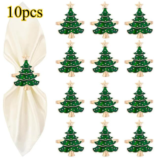 TEMU 10pcs & Golden Christmas Tree Napkin Rings Set With Toppers & Ribbon-like Caps - Elegant Tableware Holders For Holiday Dinner Party, New Year Table Setting, & Table Decorations (, Ribbon Caps)