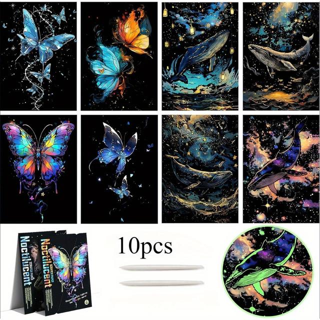 TEMU 10pcs Glow In The Dark Scratch Art For Adults, Magic Rainbow Engraving Scraping Painting Scratchboard Paper(a4) Set