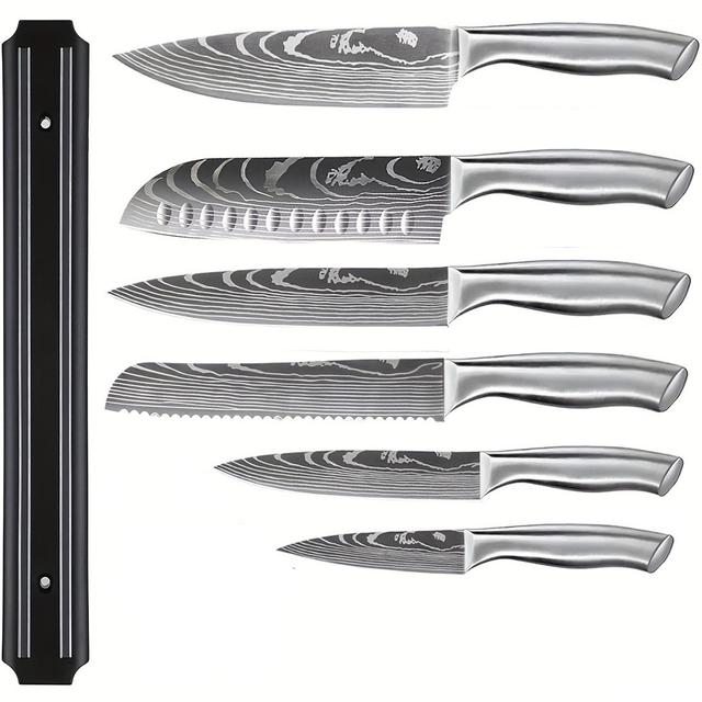 TEMU 7-delars skarp knivset för köket, rostfritt stål kockknivset med magnetremsa för skärning, kockkniv, santokukniv, skalkniv, skärkniv, brödkniv, allkniv