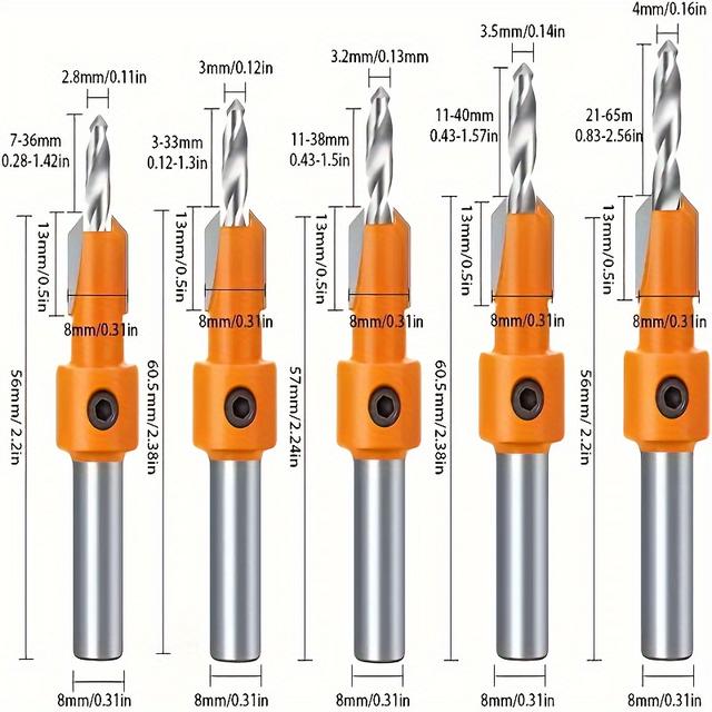TEMU 5-stk Høyhastighetsstål (HSS) Treborsett med 8mm rund skaft og senket hode - Kraftige koniske for skrueboring, hullåpning , kompatibel med bor (Profesjonell og DIY )