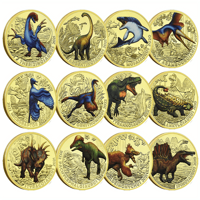TEMU 12-teiliges Set -Dinosaurier Goldene Gedenkmünzen – Sammlung der Tier-Gedenkmedaillen des Dinosaurierzeitalters Geschenkartikel