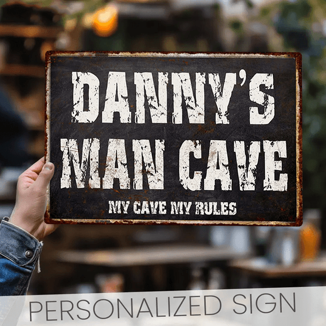 TEMU 1pc Personalized "'s For Man Cave" Vintage Metal Sign - Rustic Black & White Decor, Customizable Wall Art For Garage/for Man Cave, Ideal Gift For Dad, Aluminum, 8x12 Inches, Metal Wall Art Decor