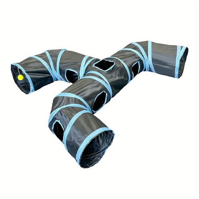 TEMU Extra-long Black 3-way Cat Tunnel Toy With Unique Shape Faucet - Interactive Pet For Cats, Durable Polyester Material, Indoor Play And Exercise