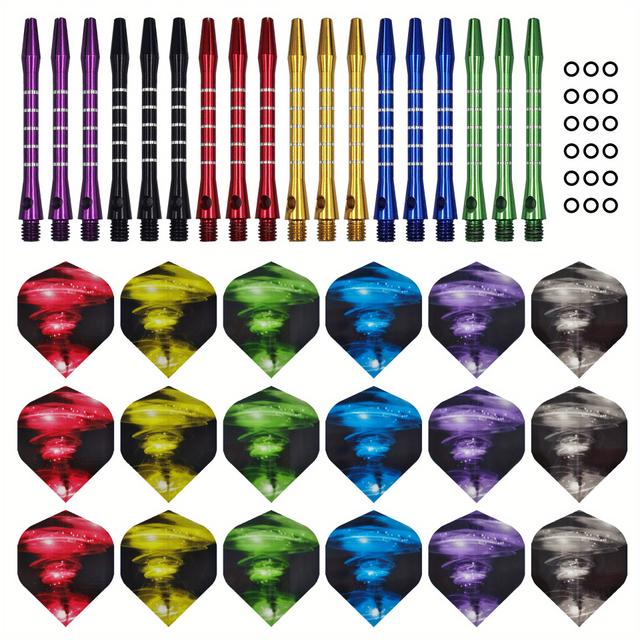 TEMU Een set van 54 dart-accessoires, inclusief 18 kleurrijke aluminium legering dart schachten, 18 vlucht vleugels en 18 rubberen ringen.