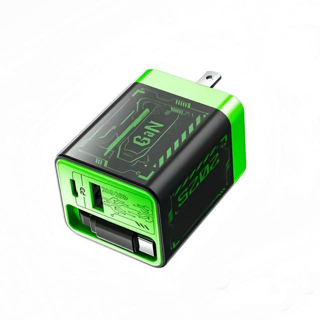 TEMU Cargador GaN de 67W con cable retráctil, puertos duales A+C, apto para cargar teléfonos Apple y Huawei.