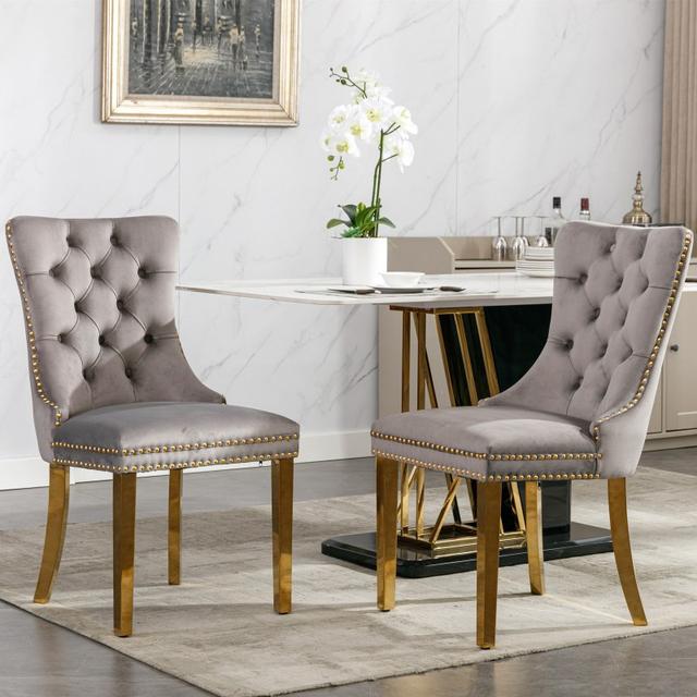 TEMU Nikki Collection Modern Tufted Solid Wood Contemporary Velvet Upholstered Dining Chair With Golden Stainless Steel Plating Legs Trim Set Of 2 Gray And Golden Sw1601gy