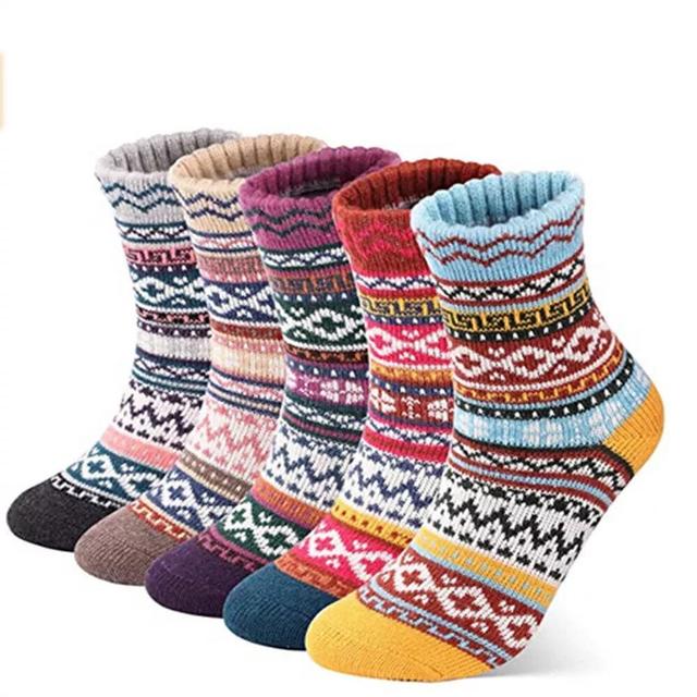 TEMU 5 Pairs Women's Thick Thermal Winter Socks - Nordic Geometric Pattern Fleece Blend, Fits Most, Hand Wash/, Assorted Colors, Cozy Footwear, Texture,