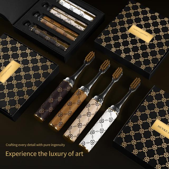 TEMU 4 Stück HENEE Luxus-Zahnbürsten mit strukturierten Griffen, ultra-weichen und mittleren Borsten, breiten Köpfen für bessere Mundpflege, tragbares hochwertiges Design, inklusive Geschenkbox