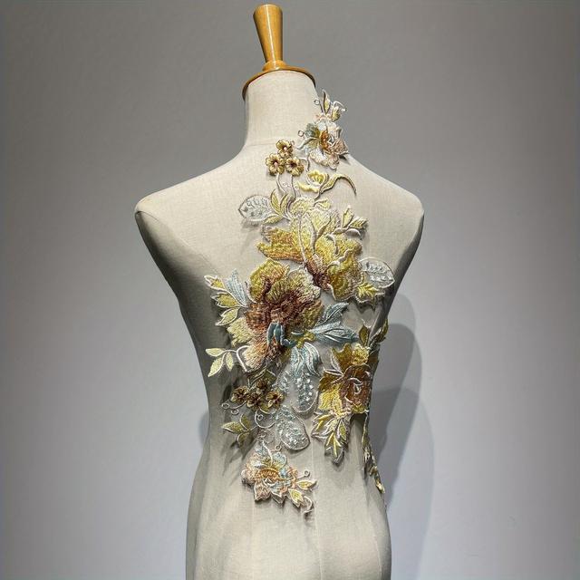 TEMU 1pc Luxurious Retro Yellow Flower Embroidery Patch - Soft Polyester Fabric Decoration For , Jeans, And Clothing - Sewable For Stylish Upgrades