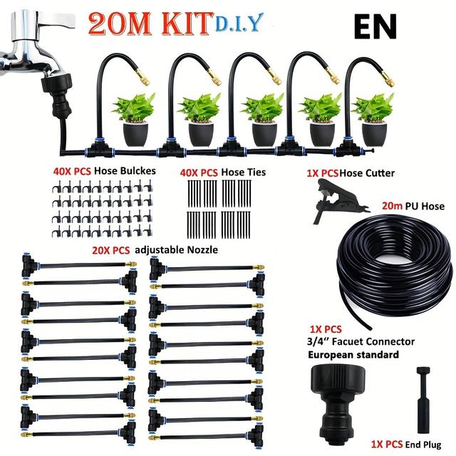 TEMU 20m Micro Drip Irrigation Kit With Adjustable 7.87" Brass Mist Nozzle - Automatic Watering System For Efficient Balcony & Greenhouse Gardening, Euro-, No Electricity Required