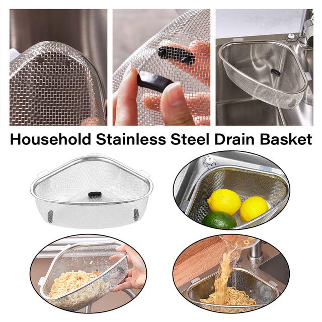 TEMU Stainless Steel Kitchen Sink Strainer - Triangle Corner Drain Basket For Residue, Dual-use Standing Or Hanging Design, Easy Clean
