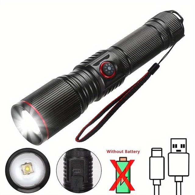 TEMU 1pc Linterna LED de Alta Potencia 20W con Zoom, Recargable por USB, Luz para Exteriores, Camping, Caza, Pesca, Caminatas, Montar, Lámpara de Iluminación