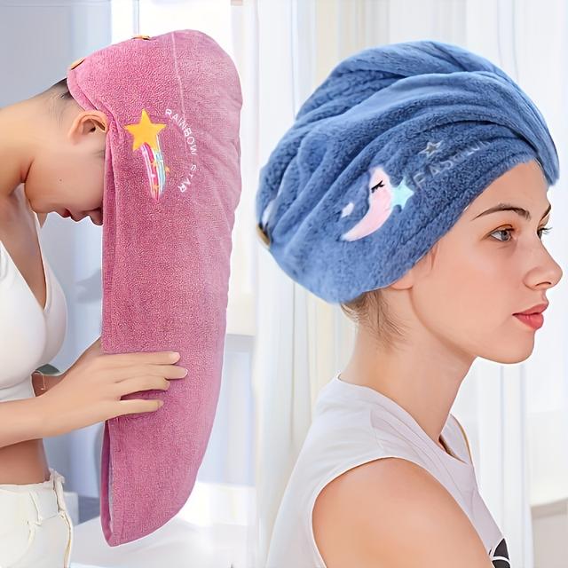 TEMU Women's Microfiber Towel | Fleece, High-quality Design, Absorbent Shower With Cute Star And Rainbow Embroidery, Ideal For Drying Wet Hair