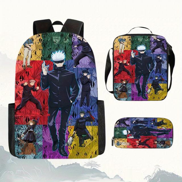 TEMU 3pcs [2d Flat Printing] Theme Printed Backpack Set, Large Capacity School Bag With Square Pencil Case, Adjustable Shoulder Straps, Zipper Closure, Suitable For Commuting Travel And Outdoor