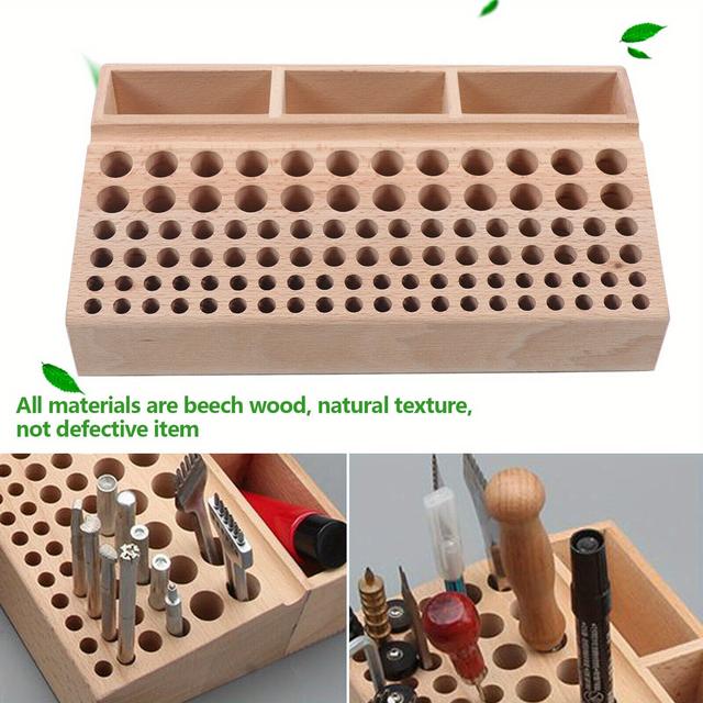 TEMU Leather Craft Tool Holder 98 Holes Wood Leathercraft Tools Stand Organize Tool Holder Wood For Leather Storage Punching Tools