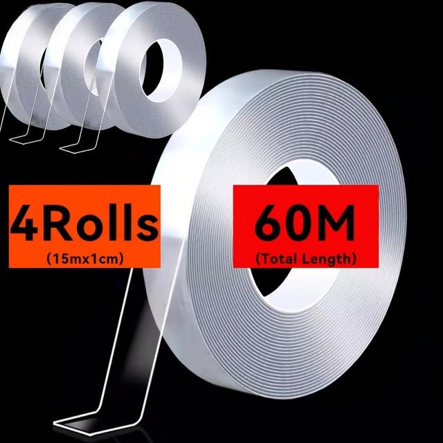 TEMU Pack Of 4 Rolls Of 60m Heavy-duty Double-sided Tape, Measuring 1cm X 15cm Each, Clear And Strong Adhesive, Suitable For Home Decoration, Wall Stickers, Appliances, And More