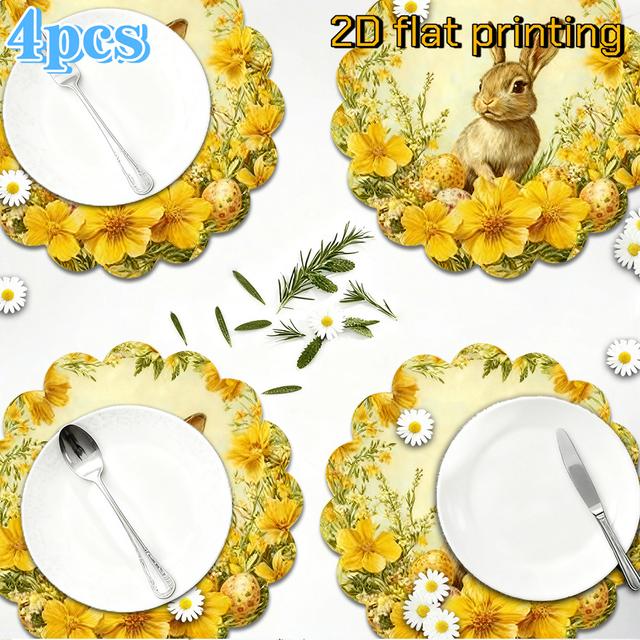 TEMU Set Of 4 Easter-themed Placemats Featuring Bunnies And Flowers In Soft Yellow And Green, Perfect For Decorating During The Easter Celebration. Made From Durable Fabric