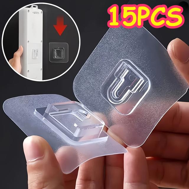 TEMU 15-pack Transparent Adhesive Wall Hooks, Plastic Interlocking , Seamless Fastener For Power Board, Bathroom And Door Organization, Wall Mount Utility Hooks