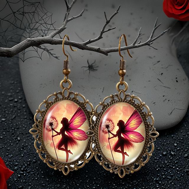 TEMU Vintage Oval Glass Earrings Featuring Floral Fairy And Dandelion Patterns, Popular Handmade Additions And Gifts, Without Battery