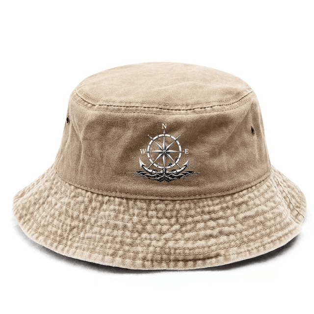 TEMU หมวกบัคเก็ตสีดำสำหรับผู้ชายพร้อมลายเข็มทิศและสมอเรือ - สไตล์ถนนแข็งแรงสำหรับตกปลา, พายเรือ และการผจญภัยกลางแจ้ง, หมวกตกปลา