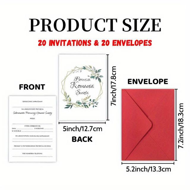 TEMU Invitations Letters 20 Cards And 20 Envelopes, Polish Watercolor Floral Greenery Communion Pierwsza Zaproszenie - Milestone Birthday Party Cards, Congrats Invites Party Celebrations & Decorations