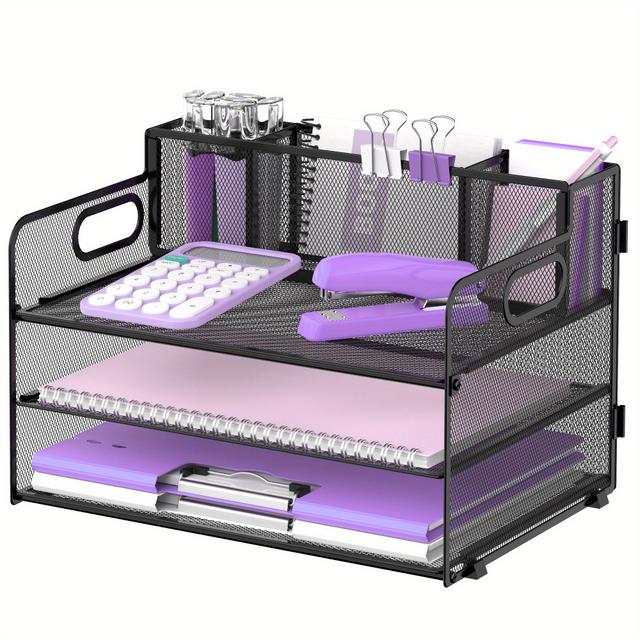 TEMU Jmhud 3-tier Mesh Desk Organizer With Pen Holder & Paper Tray - Compact , Durable Mesh & Sturdy Handle For Home Office, Workspace Accessories, Office Desk Accessories, Multifunctional Organizer