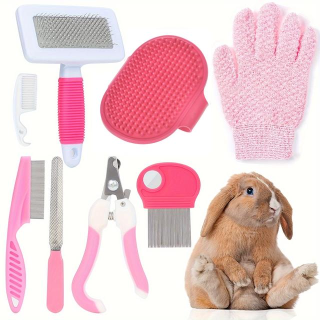 TEMU 8pcs/set Grooming Kit With Nail Clippers, Flea Comb, Shampoo Bath Brush & Massage Gloves - Durable Pp Material For Small Pets