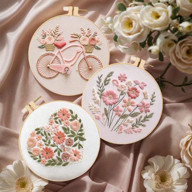 TEMU Set Of 3 Embroidery Kits Featuring Hoops, Designed For -stitching Floral Bicycle Patterns. Ideal Starter Kit For Beginners To Decorate Their Rooms And Enjoy A Handcraft Hobby.