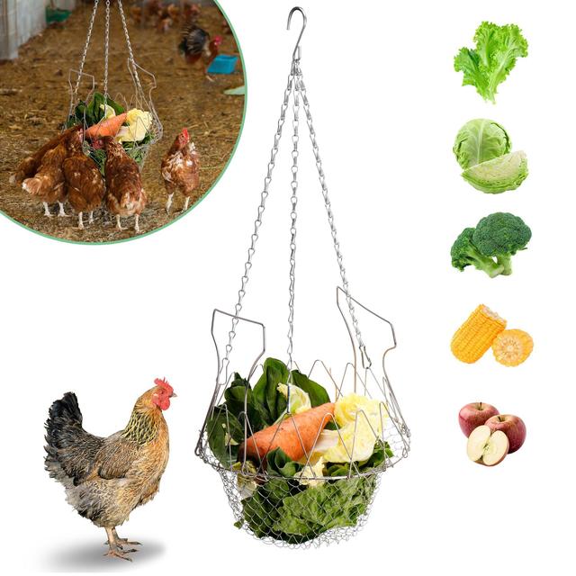 TEMU 1pc Stainless Steel Hanging Metal Feeder Basket For Chickens, - Foldable Design With Chain - Vegetables, Fruits & Snacks - Ideal For Small Pets, Outdoor Feeding | Design | Durable Feede