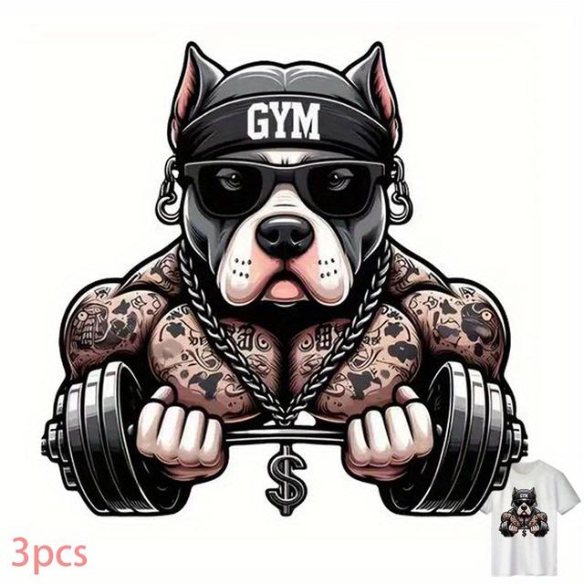 TEMU 3pcs Gym Dog Tattoo Design T-shirt Transfer Stickers - Diy Heat Transfer Decals For Clothing, High-quality Pvc, Easy Application, Tear-resistant, Ideal For Backpacks & Pillows, Dog Tattoo