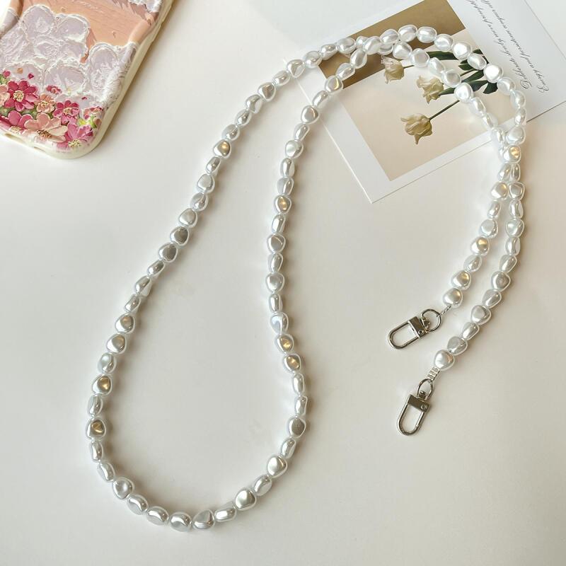 TEMU 120cm Mobile Phone Lanyard For Women Long Crossbody Phone Strap Wrist Beaded Chain White Baroque Pearl Chain Anti-loss Sling Strapclip Phone Strap