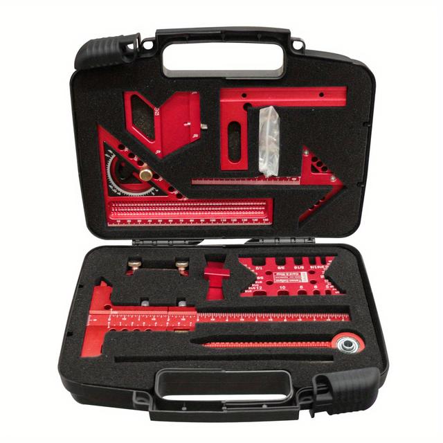 TEMU 9pcs Woodworking Square Kit With Box, Precision Carpenter Quick Splicing Planning And Layout Tools, Aluminum Scribeing Ruler, Center Finder, Circular Drawing Compass, Honing Guide, Height Gauge