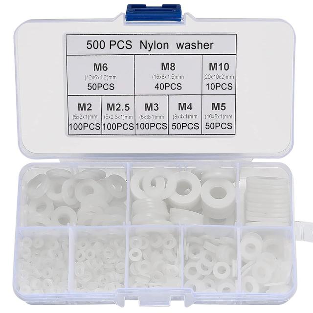 TEMU Set Of 500 White Nylon Gaskets - M2-m10 Round Nylon Plastic Gaskets, Designed For High Temperature And Insulation Applications