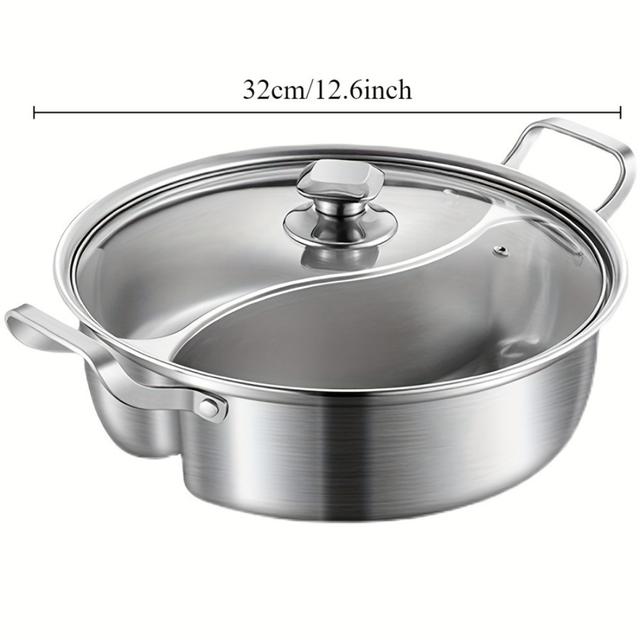 TEMU 1pc 32cm Dual-flavor Stainless Steel Hot Pot With Lid - Thickened Design, Induction Compatible For Home Use, Soups And , Durable & Easy To Clean, Pot | Chinese Style Hot Pot | Durable Cookware