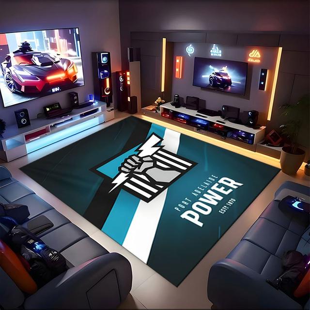 TEMU Port Power Logo Office Mat - Machine Washable, Durable Polyester Carpet For Under Desks And Chairs, With Black & , Dark Teal Background, Office Furniture Accessories, Office Chair Mats