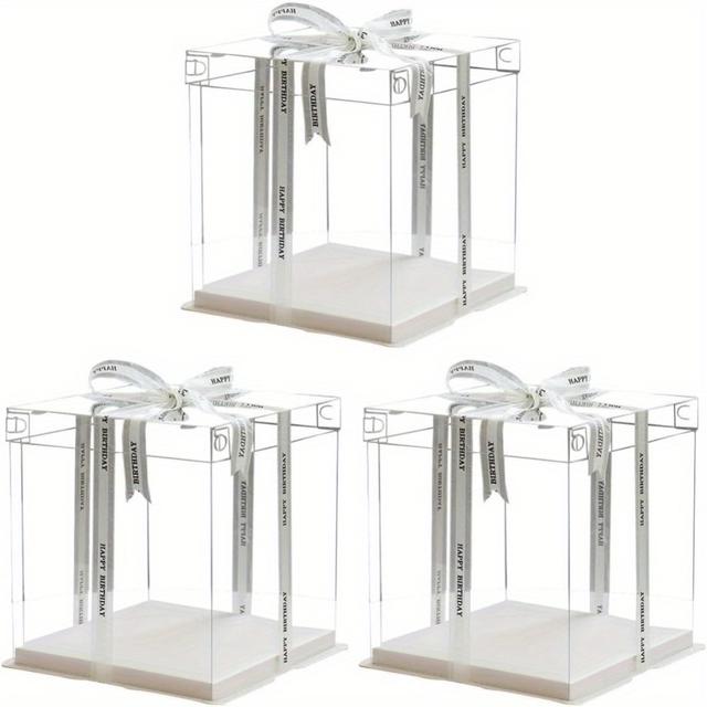 TEMU 3pcs Elegant Display Boxes With Clear Plastic Covers & Ribbon Accents - Weddings, Birthdays, And Special Occasions, Cake Storage | Ribbon Embellishment | Durable Plastic Boxe