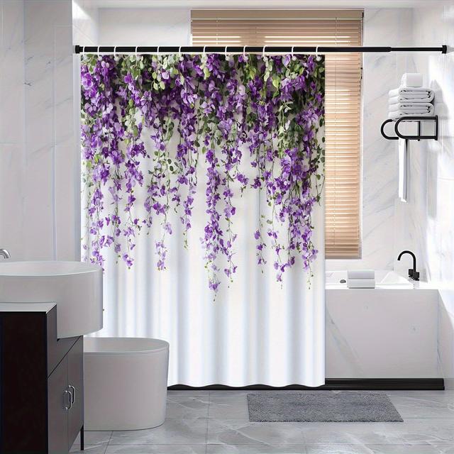 TEMU 1pc Cortina de Ducha Elegante con Estampado de Glicinas Moradas - Decoración Premium para Baño en Poliéster, Sin Taladros, Lavable a Máquina, Diseño Circular Ultra Ancho para Baños Modernos y