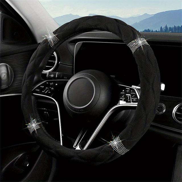 TEMU Quilted Steering Wheel Cover With Sparkling Diamond Accents - Soft, Breathable, Fit For Cars, Stylish Auto Accessory For Women And Girls, Steering Wheel Covers For Cars