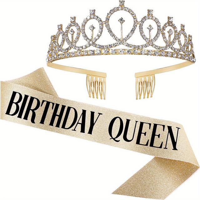 TEMU Birthday Crown And Sash For Women Birthday Queen Sash & Rhinestone Tiara Set Happy Birthday Gifts Party Decorations