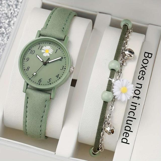 TEMU 2pcs/set Korean Style Quartz Wrist Watch And Bracelet Set, Round Alloy Case, Faux Leather Band, Non, Artistic Dial, , Button Battery - Box Not Included