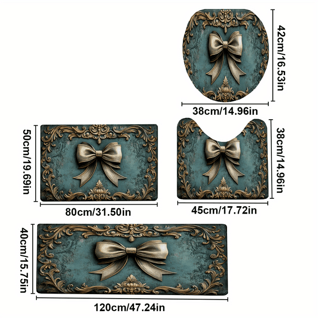 TEMU مجموعة من 4 قطع / مجموعة بساط حمام واقي مطبوع بفيونكة خضراء عميقة، سجادة حمام غير قابلة للانزلاق، سجادة فلانيل للحمام، سجادة أرضية الحمام، سجادة المرحاض ومريحة عالمية، ديكور المنزل، زينة