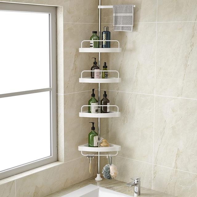 TEMU Corner Shower Caddy Tension Pole: Adjustable Quick Installation Shower Organizer With 4 Tier Abs Baskets-stainless Steel Pole-plastic Shower Rack No Drill For Bathroom Storage-silvery White