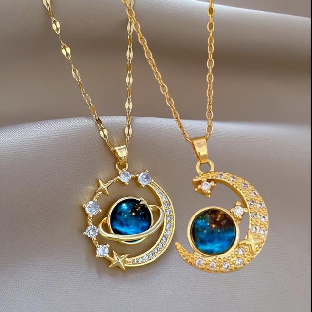 TEMU 2pcs Set Unisex Fashion Pendant Necklaces With Space Moon Design, 304 Stainless Steel With Rhinestone Inlay, Other Plating, For Daily Wear And Party, Valentine's Day Couple Necklace Gift
