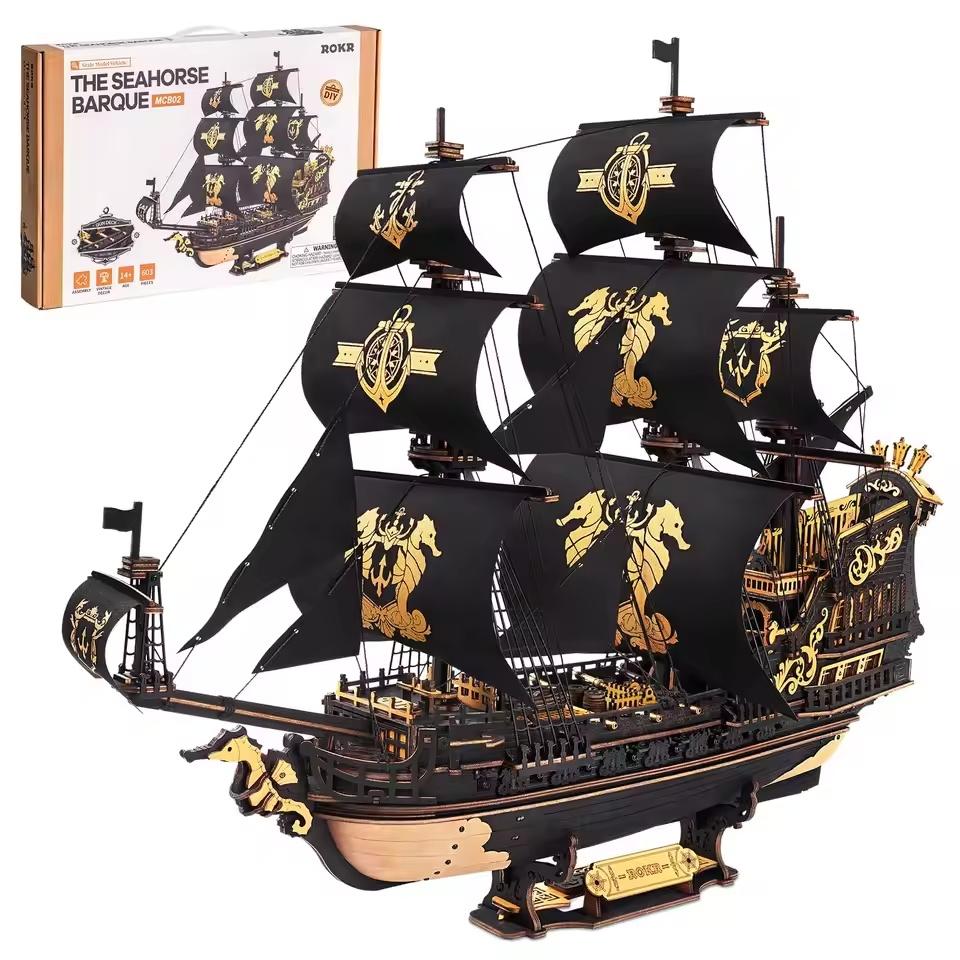TEMU Robotime Rokr Building: Pre-colored Baroque Model Suitable For Adults, Wood Puzzle With Historical Ship, Collector' Gift For History & Hobbyists, 3d Assembly Kit Mcb02