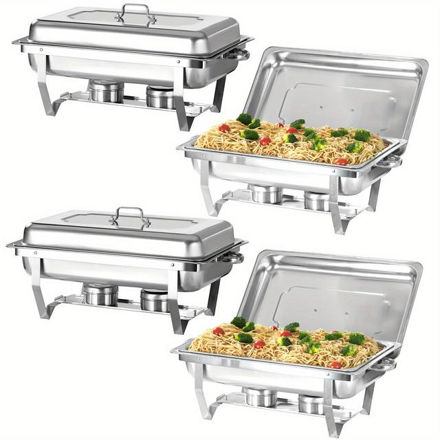 TEMU 4 Peças Conjunto de Chafing Dish 8Qt Retangular Prateado Aço Inoxidável Tamanho Completo para Buffet e Banquetes, Aquecedor de Comida para Catering, para Cozinha