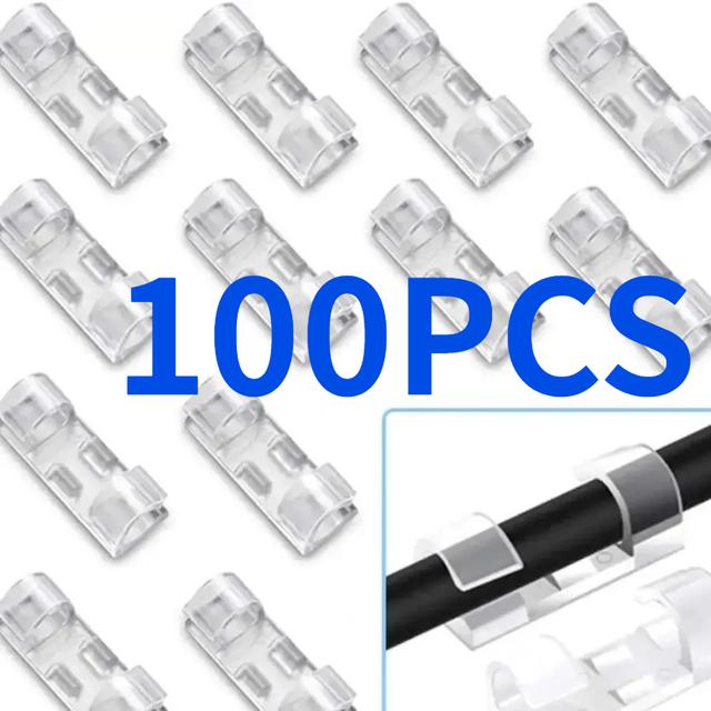 TEMU 100pcs Transparent Adhesive Cable Clips | Heavy-duty Pvc Wire Holders With Strong Adhesive Backing, No Drill Installation For Walls & Under Desk, Cord Organizers For , Telephone, Computer Wires
