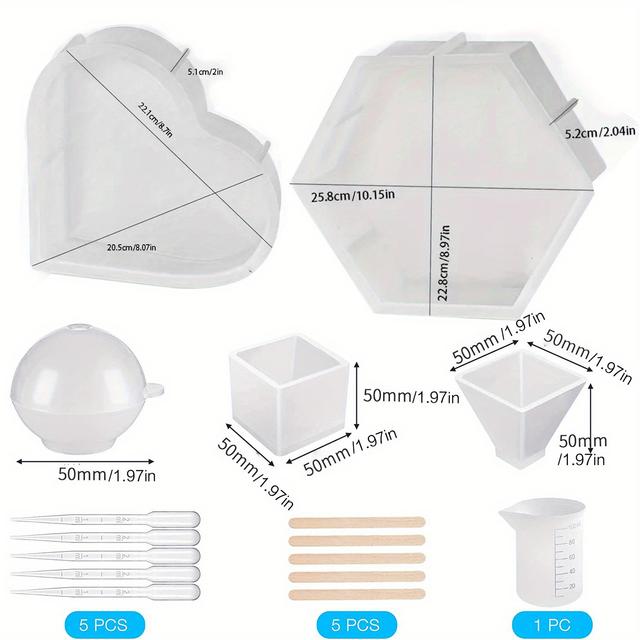 TEMU 16pcs Silicone Molds Diy Resin Kit, 8 In 1 Large Tray Silicone Molds For Epoxy Resin, Flower Preservation, Ideal Resin Starter Kit, Including Hexagon, Heart, Sphere, Pyramid, Setting Tools