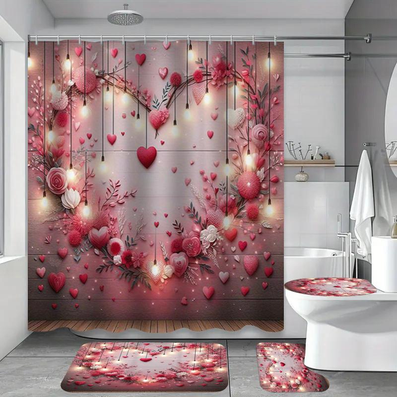 TEMU 1pc/4pcs Valentine's Day Bathroom Shower Curtain Set Including 12 Hooks, Toilet Seat, And Non-slip For Home Decoration